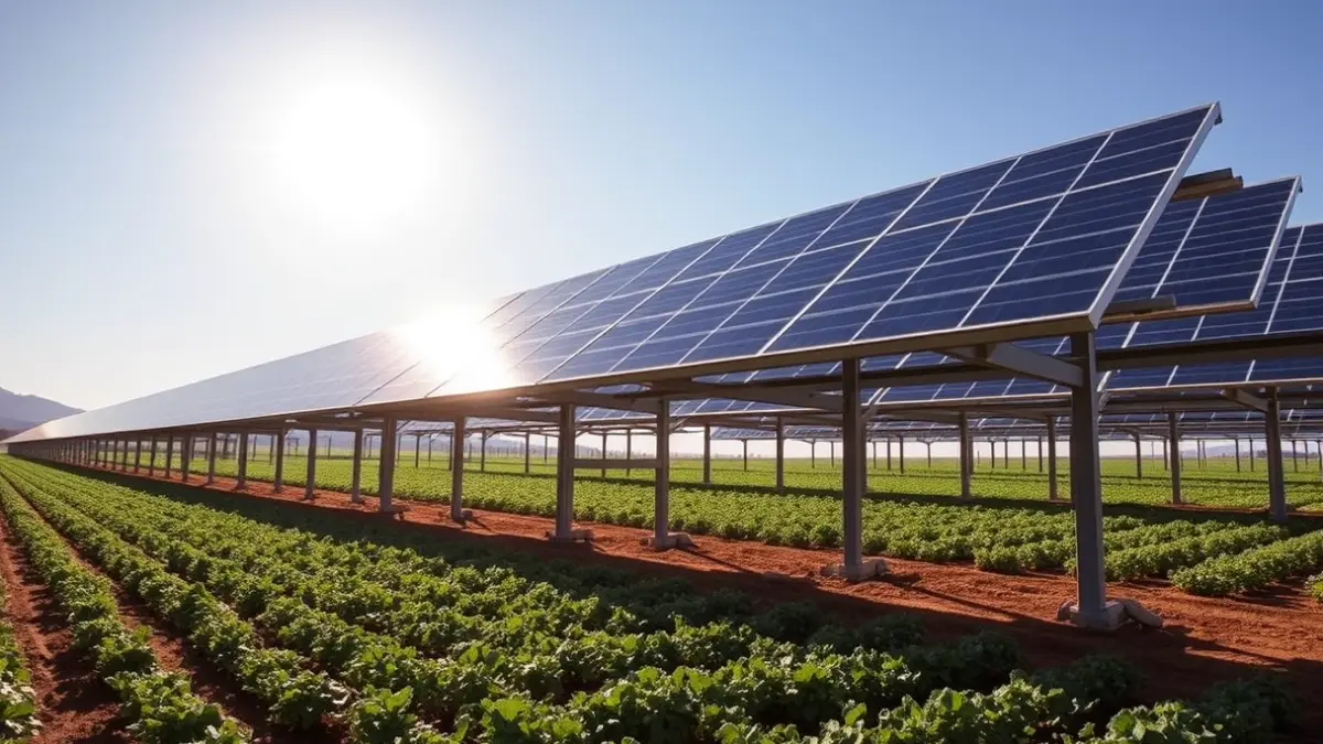 Generic image of solar panels over a cultivated field, representing agrivoltaic energy.