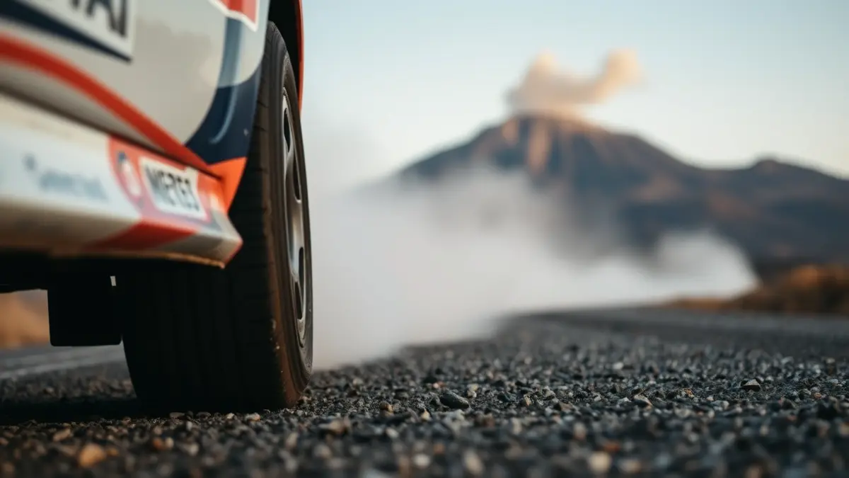 Imagen de un neumático de coche de rally en una carretera de tierra, con el paisaje volcánico de Canarias de fondo.