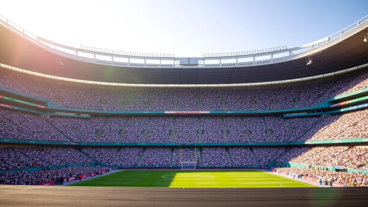 Image of a football stadium with a stage in the center, prepared for a large event.