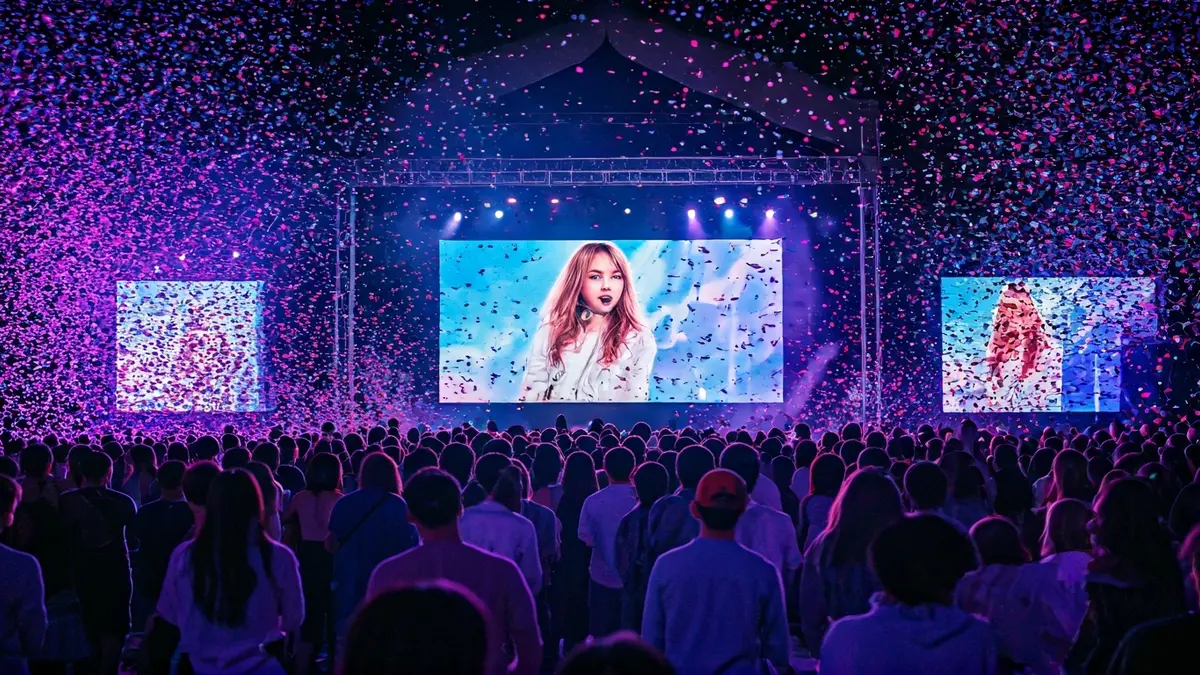 Image of a K-pop concert with purple lights and confetti.