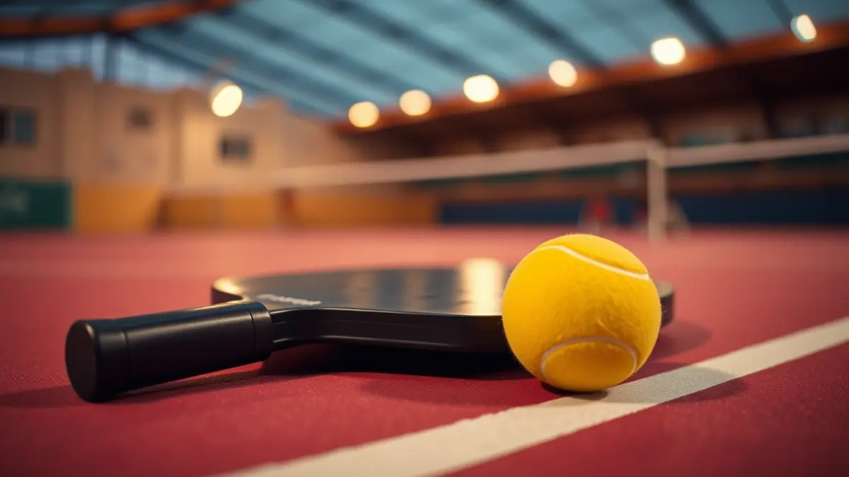 Imagen genérica de una pala y una pelota de pickleball en una cancha.