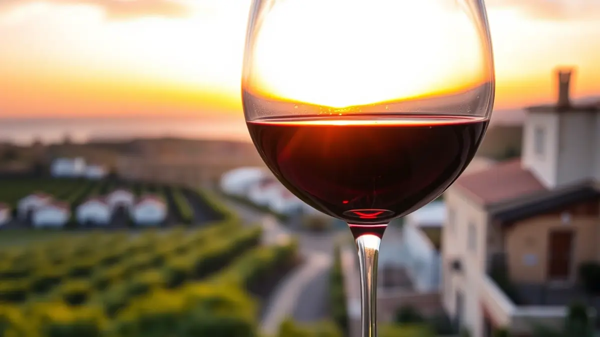 Generic image of a wine glass with vineyards in the background, representing enotourism.