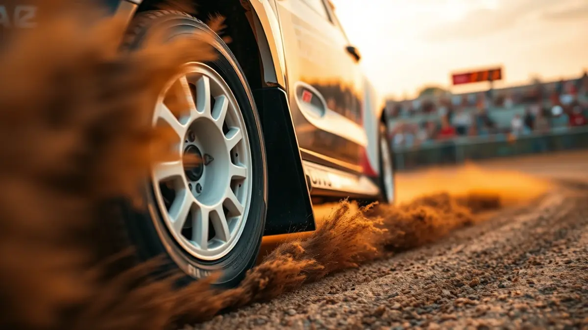 Image of a rally car in action, kicking up dust on a dirt track.