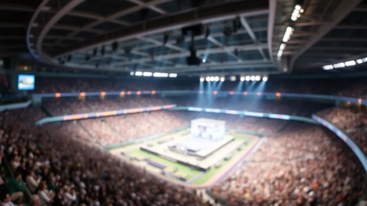 Image of a football stadium filled with people, with a stage in the center of the field.