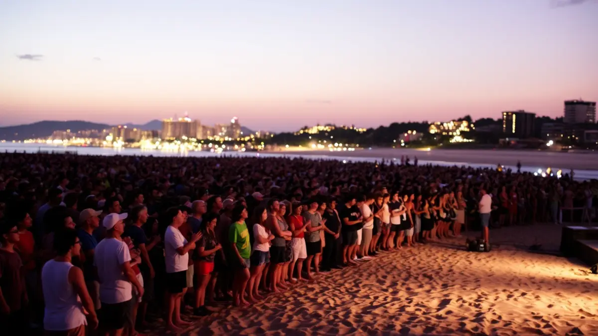 Imagen de una multitud de fans esperando en una playa al atardecer.