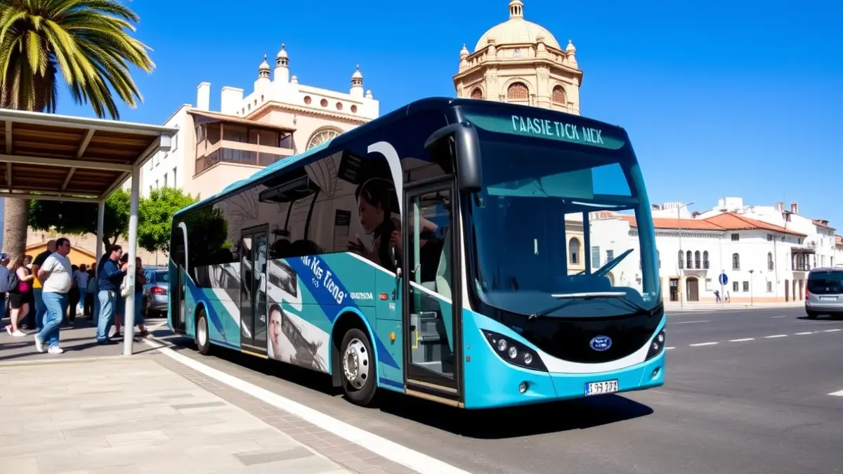 Generic image of a bus at a stop in a Canary Islands town.