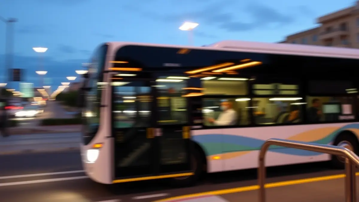 Generic image of an urban bus in motion at dusk.