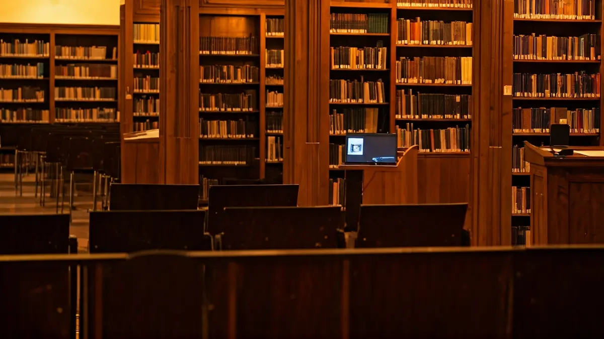 Generic image of an auditorium or conference room with a microphone on a podium.
