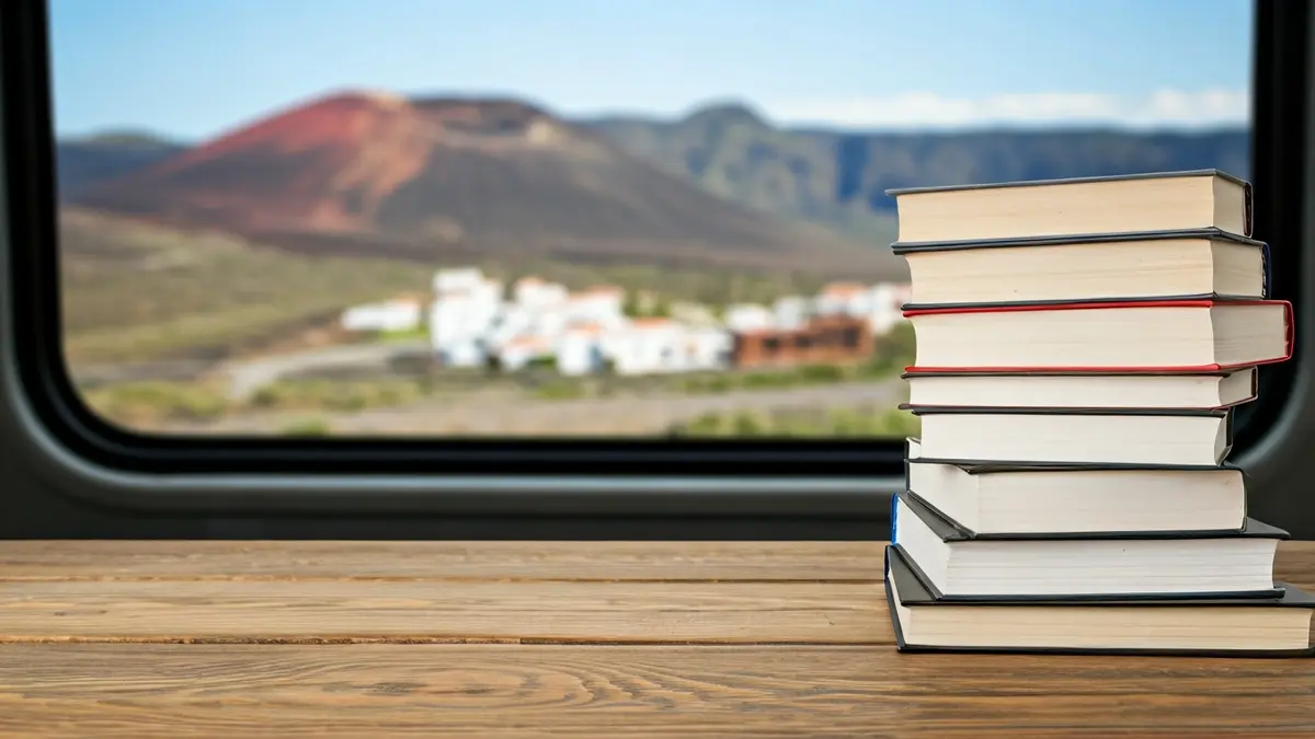Imagen de libros y un paisaje de La Gomera a través de una ventana de autobús.