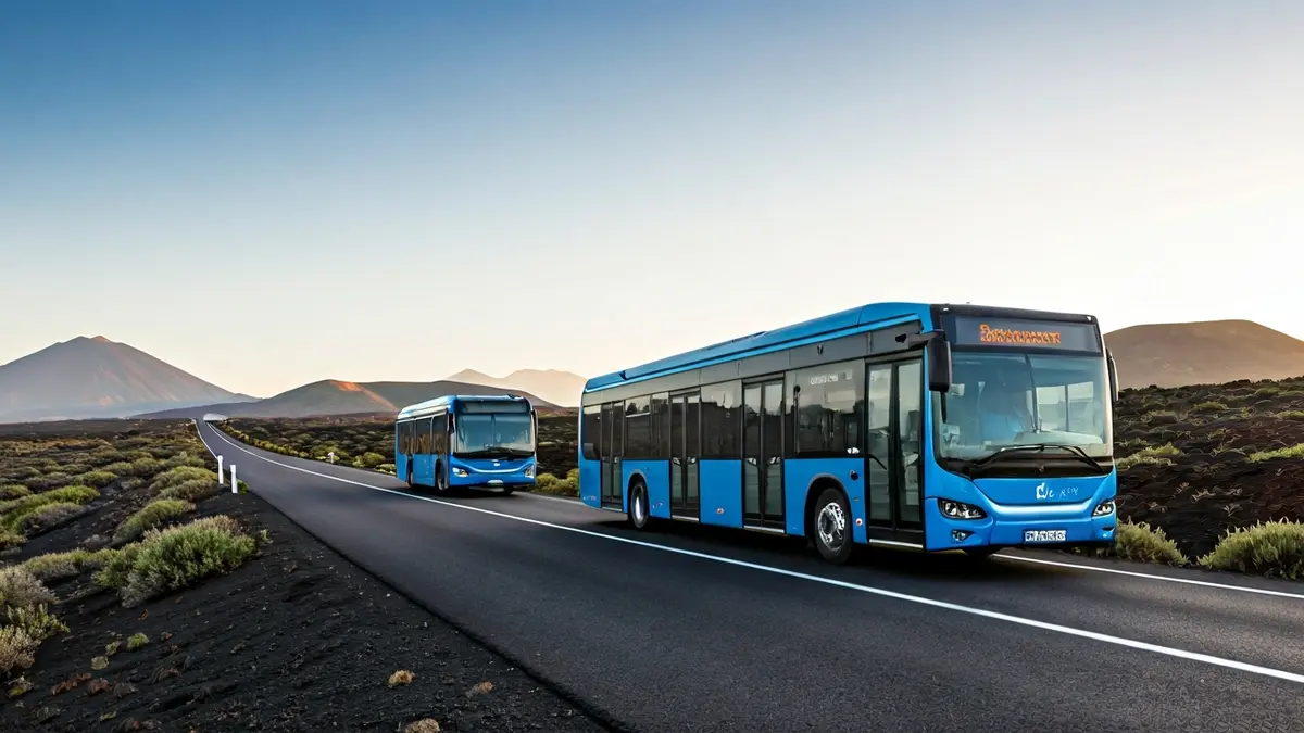 Dos guaguas eléctricas en una carretera de un paisaje volcánico de Lanzarote.