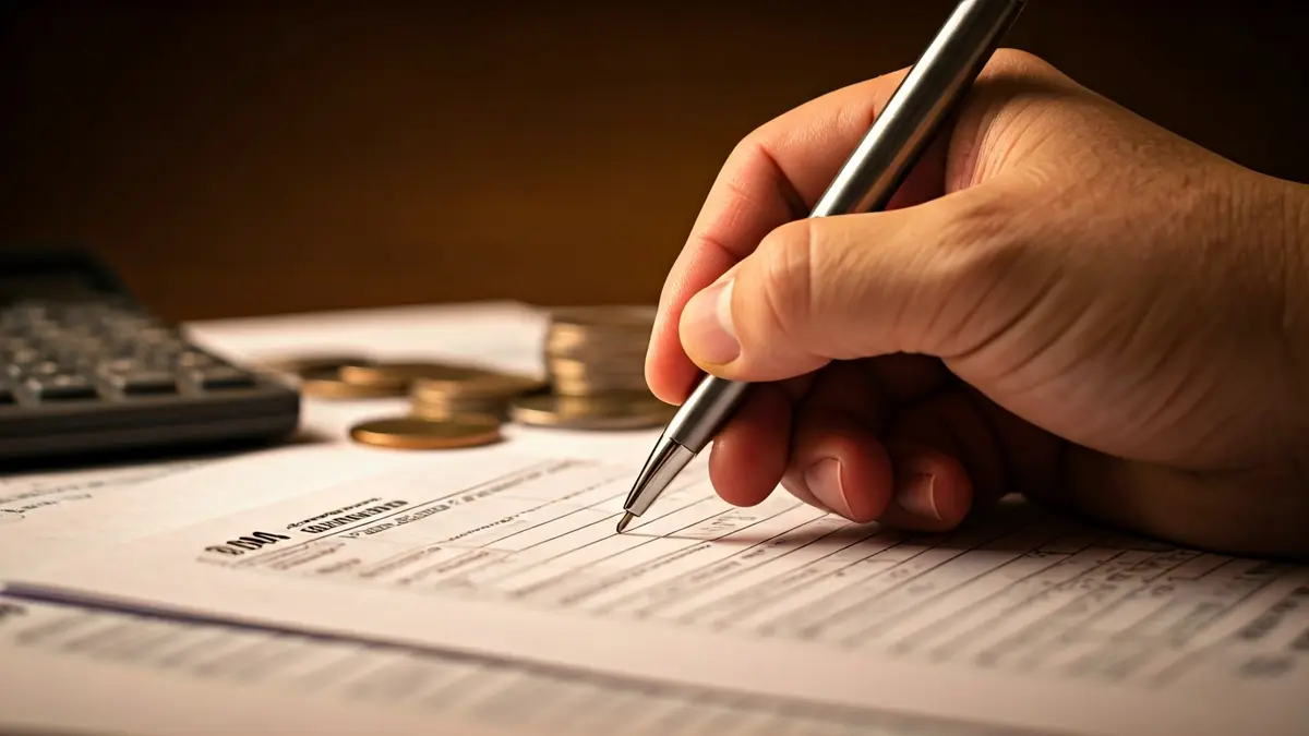 Imagen genérica de una mano rellenando un formulario de impuestos con una calculadora y monedas de fondo.
