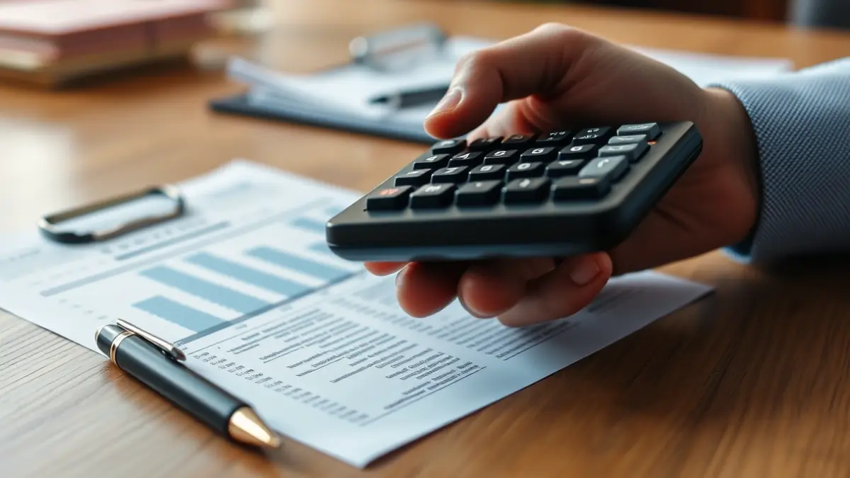 Generic image of a hand using a calculator with blurred financial documents.