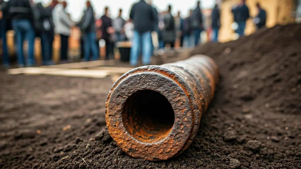 Image of an ancient, corroded cannon, partially buried in dark earth, with blurred archaeological tools in the background.