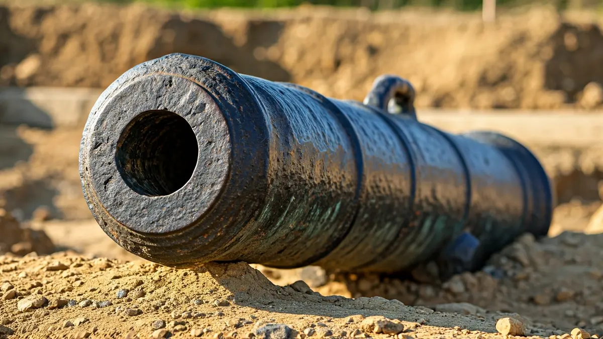 Imagen de un cañón antiguo de hierro, parcialmente cubierto de tierra, en un sitio arqueológico.