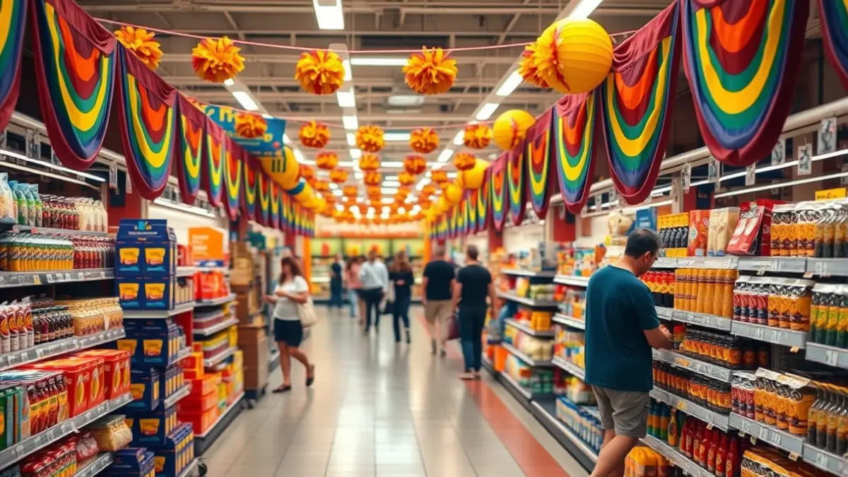 Supermarket store decorated with LGBTQ+ pride motifs.
