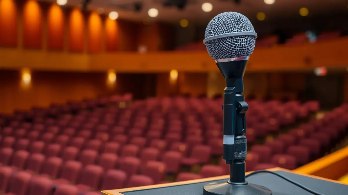 Generic image of a microphone on a lectern in a cultural center.