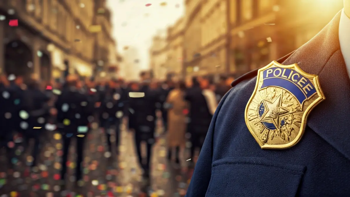 Imagen genérica de un distintivo policial con confeti de fondo, simbolizando una celebración.