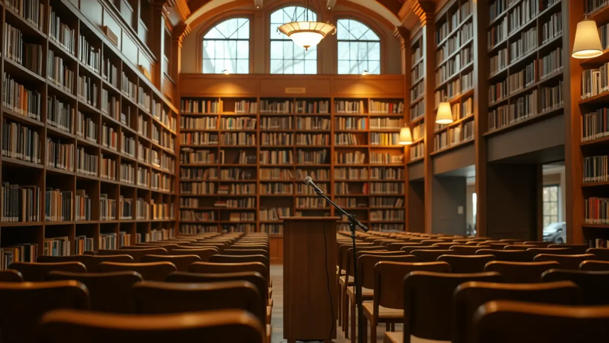 Generic image of a library with wooden bookshelves and a cozy reading atmosphere.