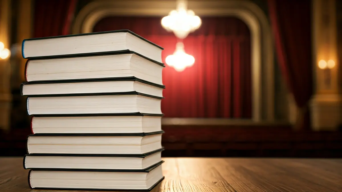 Imagen de libros y un fondo teatral borroso, evocando la cultura y la lectura.
