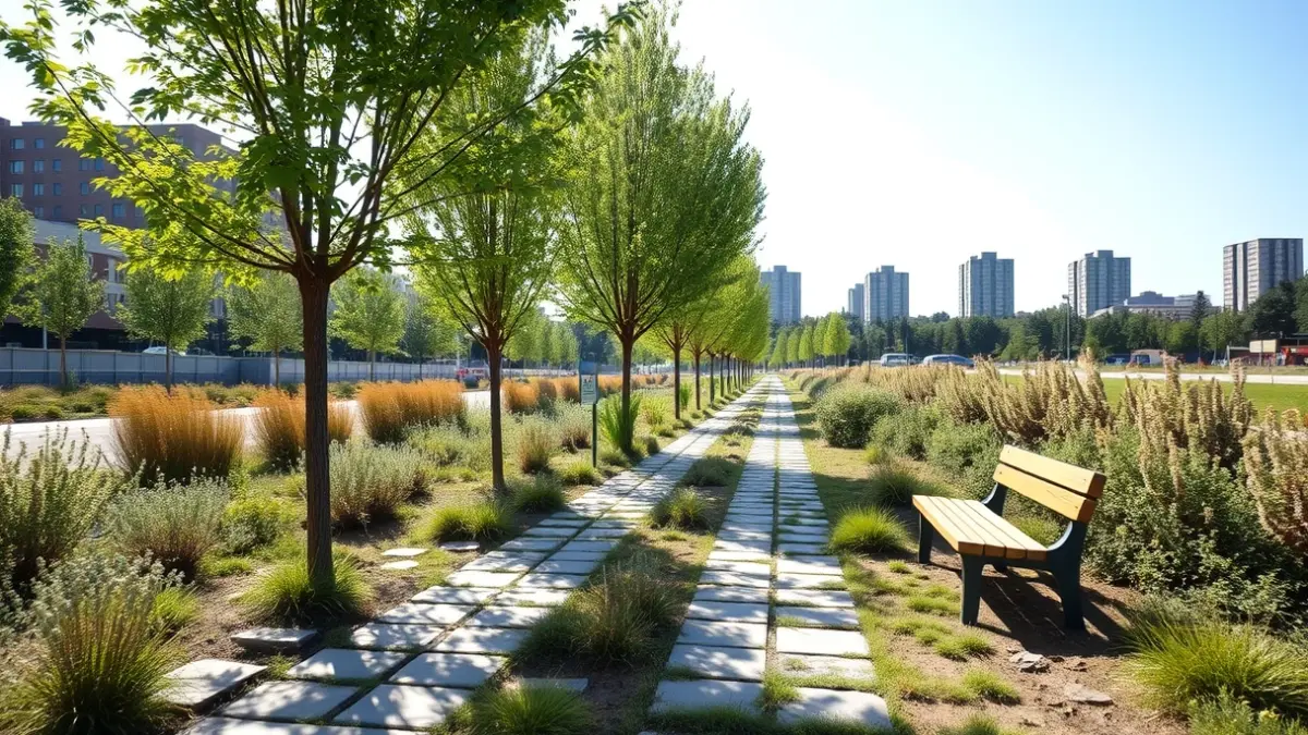 Image of an urban green corridor with native vegetation and rustic furniture.