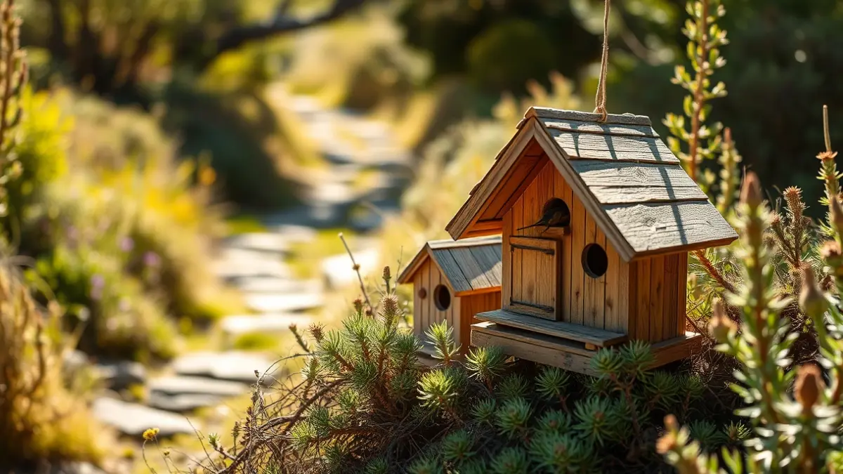 Imagen de un hotel para insectos y casas para pájaros en un espacio natural renaturalizado.