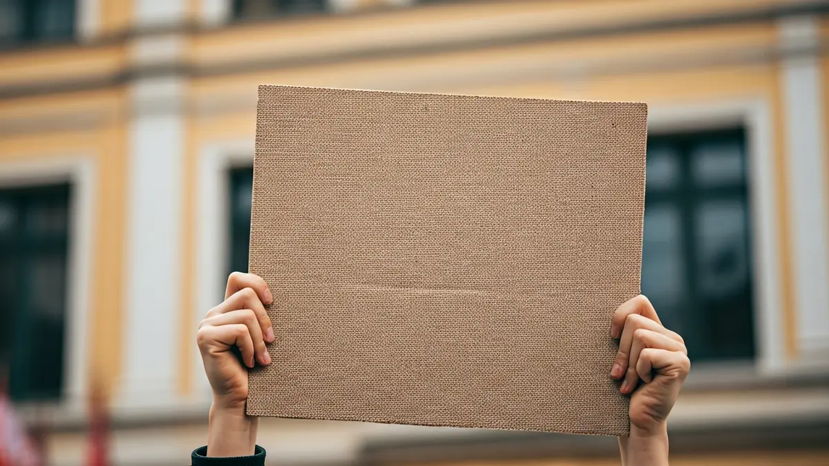 Imagen genérica de una protesta o manifestación, con un cartel en primer plano y un edificio municipal al fondo.