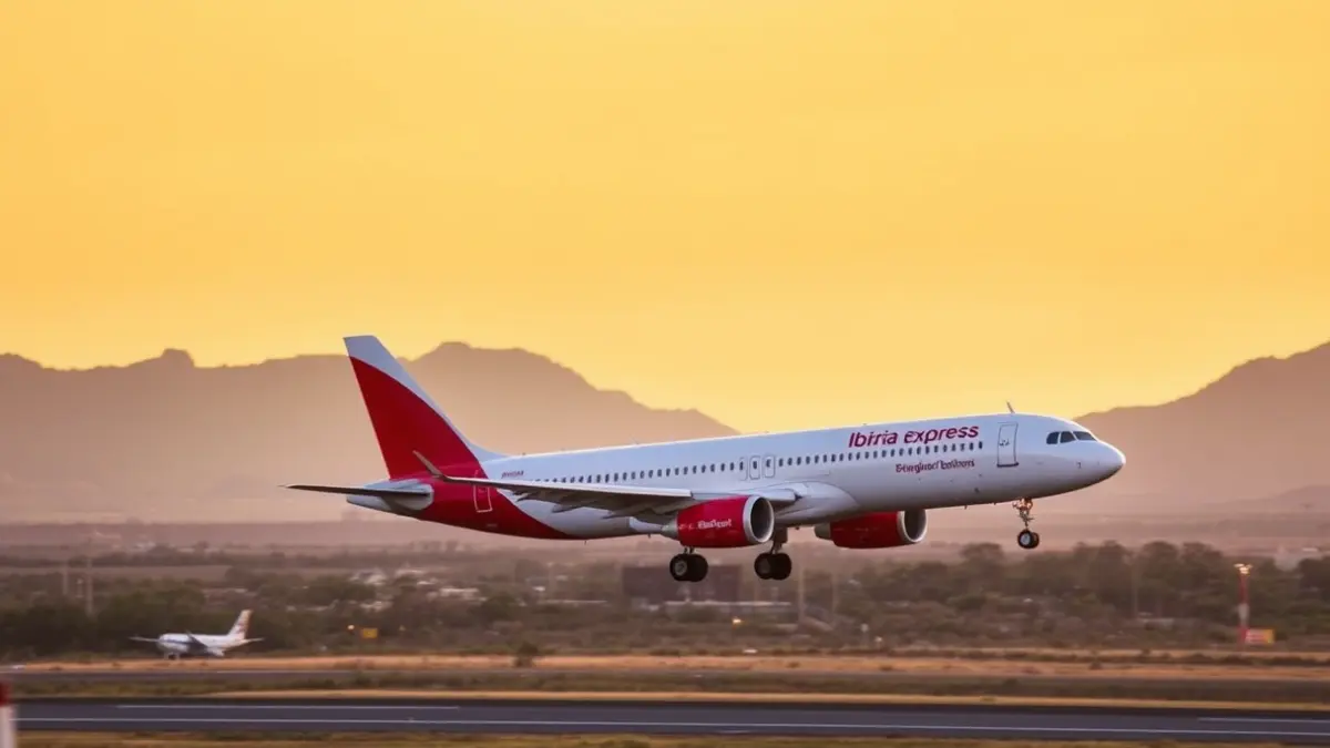 Imagen genérica de un avión de Iberia Express despegando al atardecer.