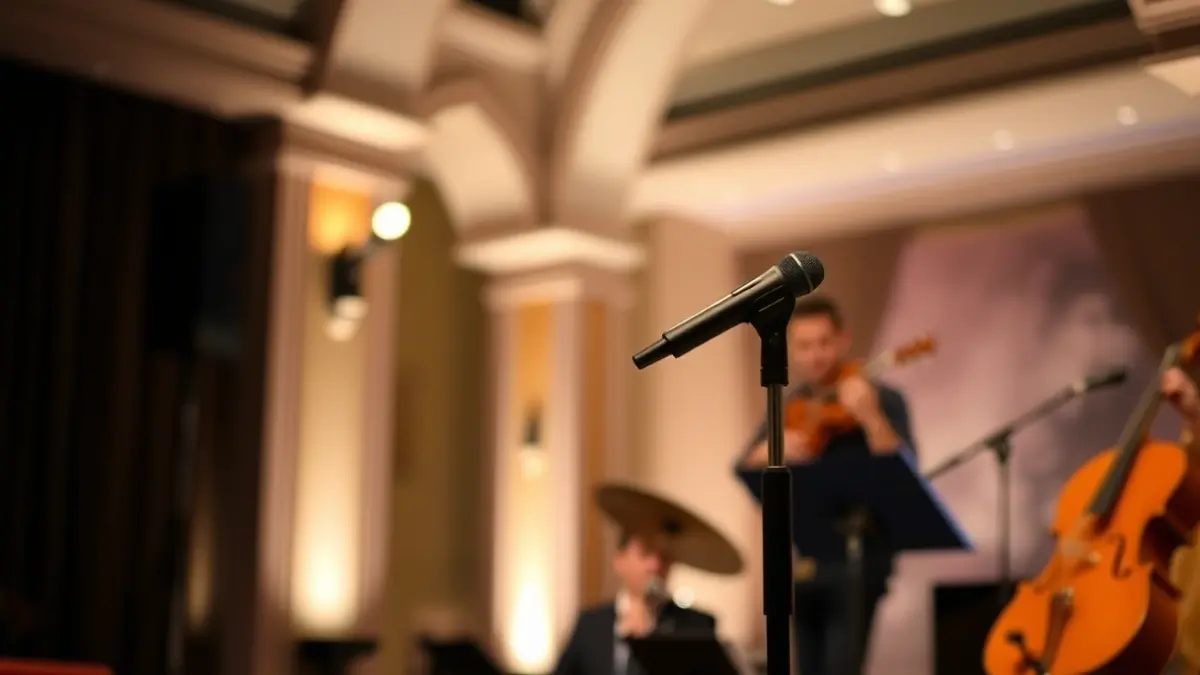 Imagen de un escenario íntimo con iluminación cálida y elementos musicales, representando una fusión de flamenco y música andalusí.