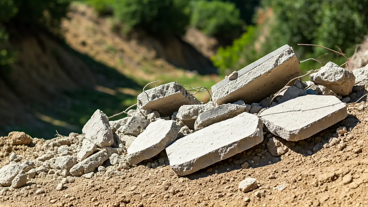 Escombros y residuos de obra en un barranco, con vegetación borrosa al fondo.