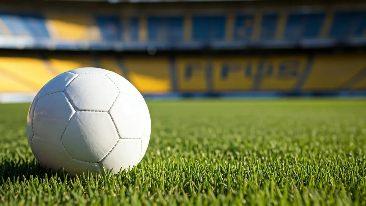 Imagen genérica de un balón de fútbol sobre césped, con un estadio borroso de fondo en colores amarillo y azul.
