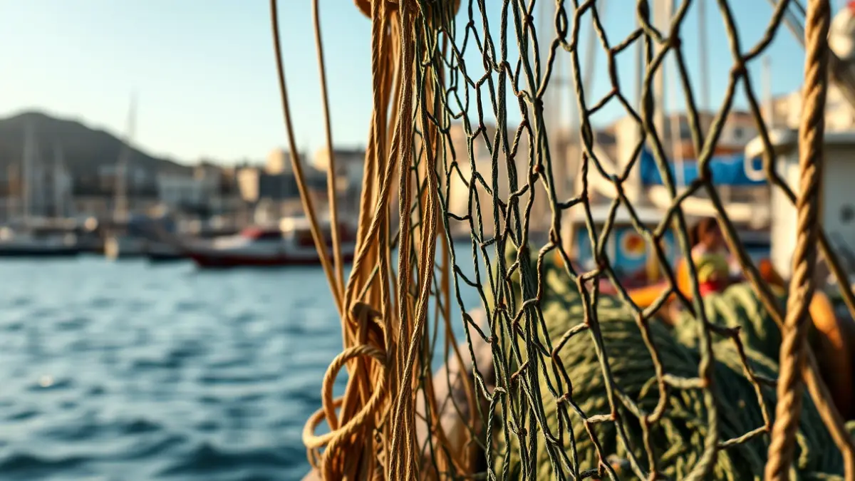 Fishing nets and ropes on a dock with the ocean and a coastal town in Tenerife in the background.