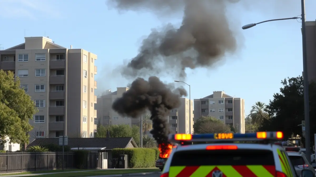 Column of black smoke visible from Santa Cruz de Tenerife after a garbage truck fire.