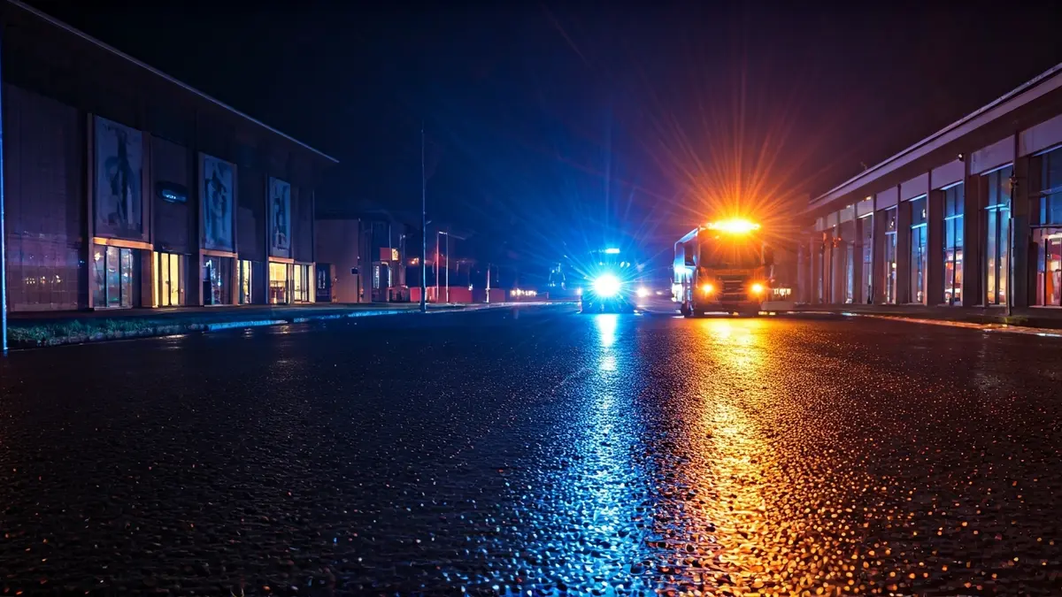 Imagen genérica de luces de emergencia reflejadas en el asfalto mojado.