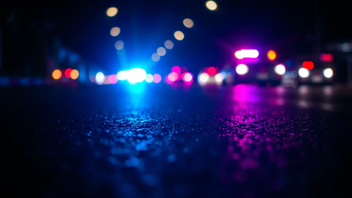 Generic image of emergency lights reflected on wet asphalt.