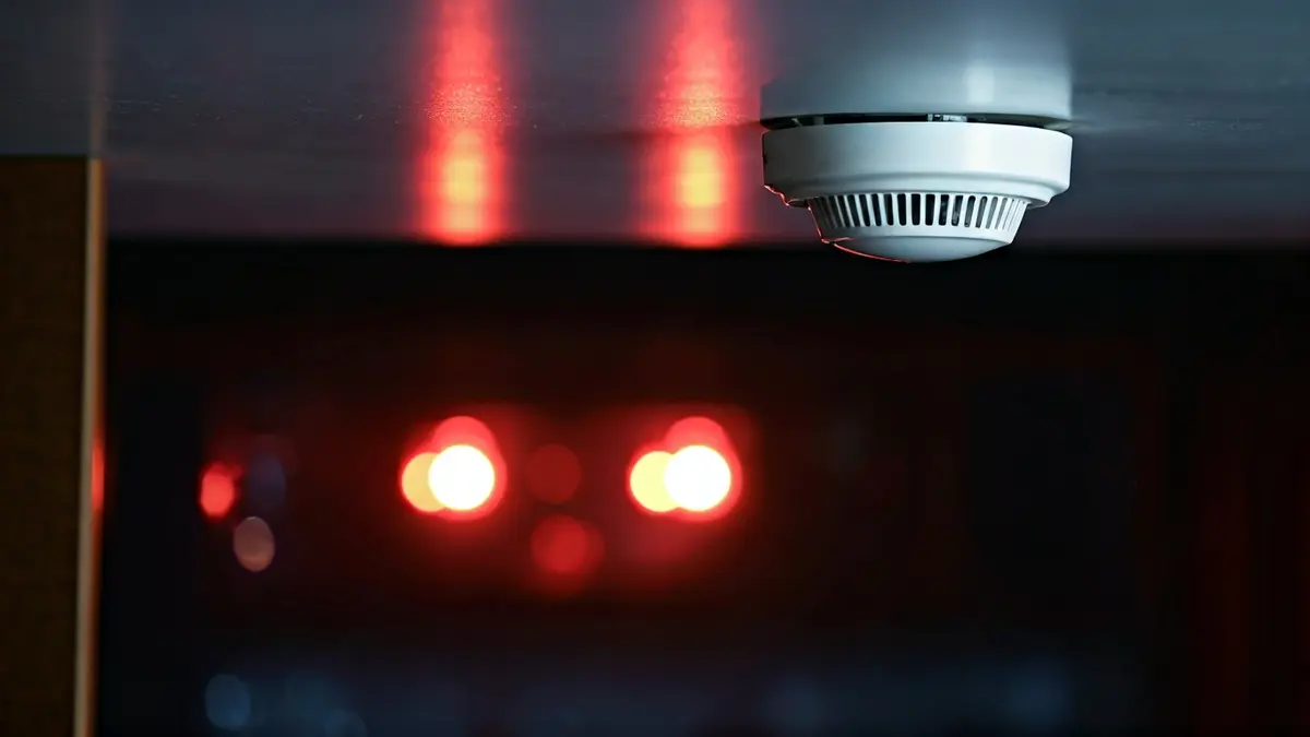 Generic image of a smoke detector in a kitchen, with blurred emergency lights in the background.