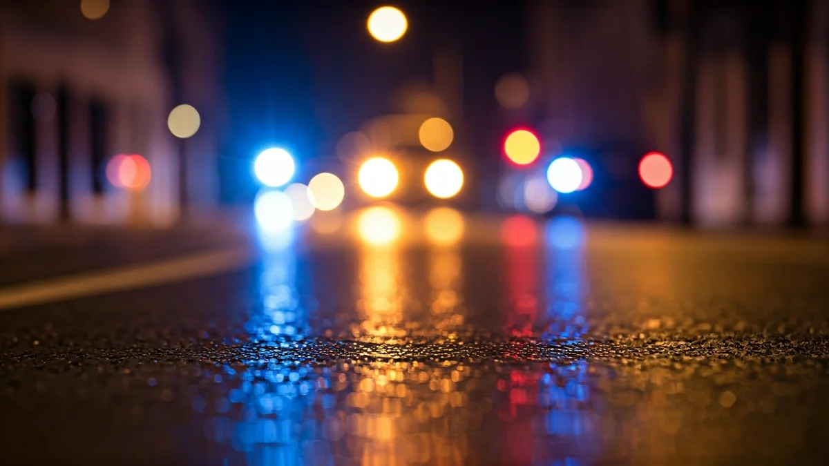 Generic image of emergency lights reflected on wet asphalt at night.