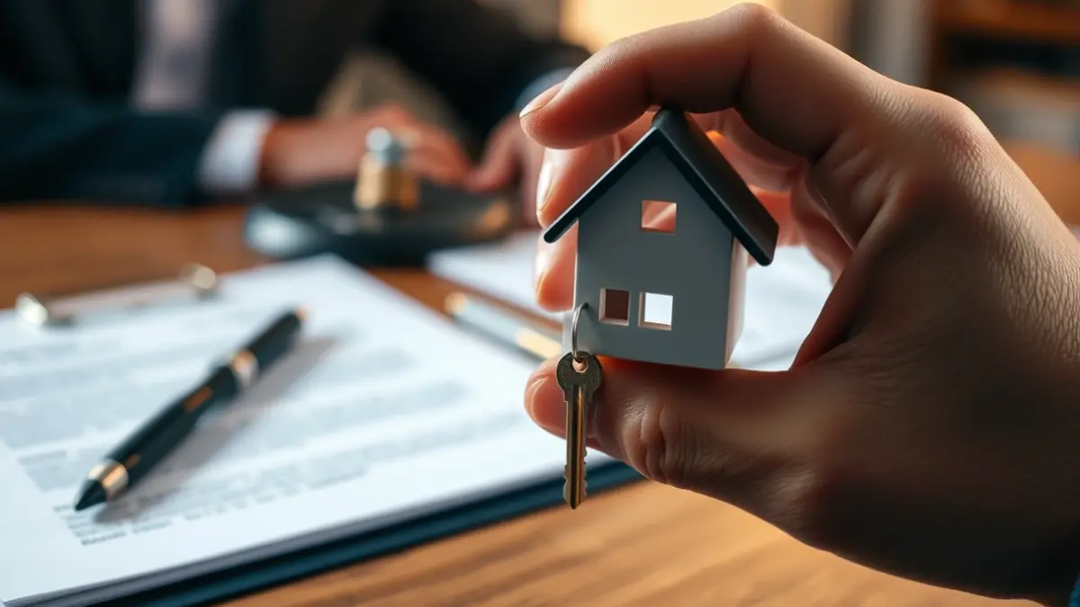 Generic image of a hand holding a key, with blurred legal documents in the background.