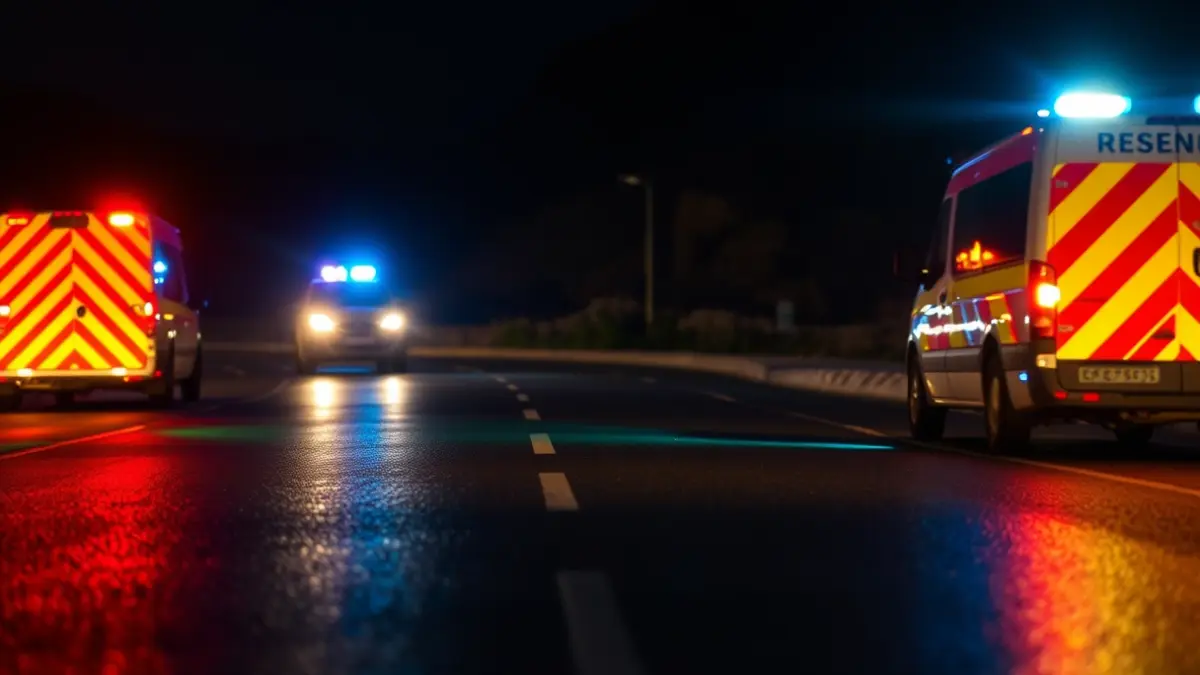 Generic image of emergency lights reflecting on asphalt.