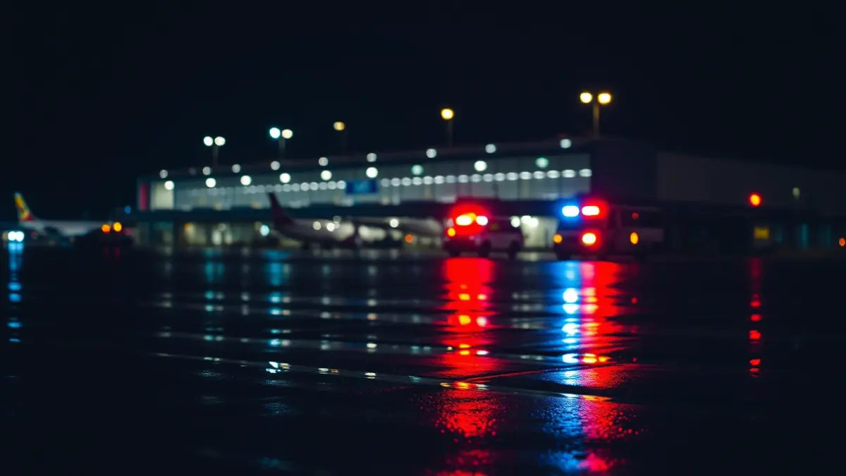 Emergency lights reflecting on wet airport asphalt at night.