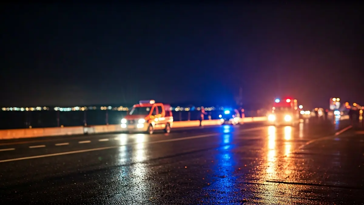 Imagen genérica de luces de emergencia reflejadas en asfalto mojado, con un fondo costero borroso.