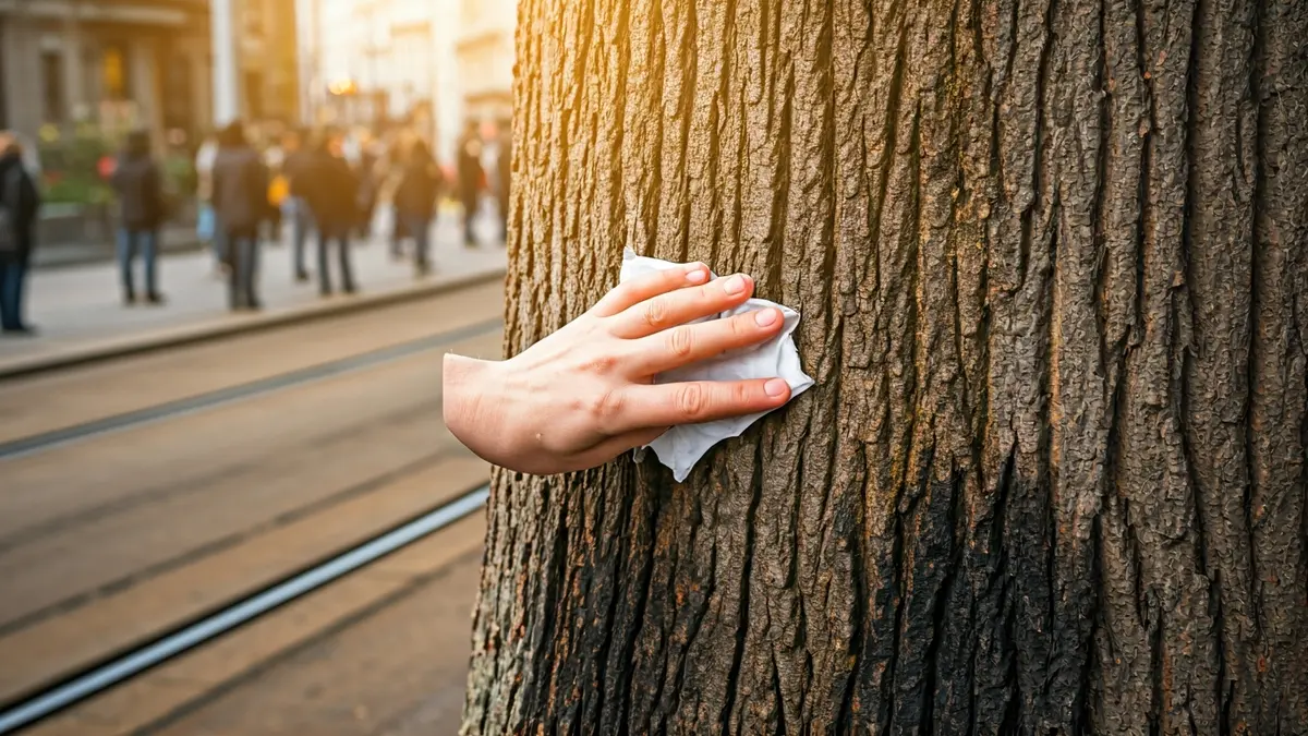 Imagen de un árbol con manchas oscuras en el tronco, siendo limpiado por unas manos.