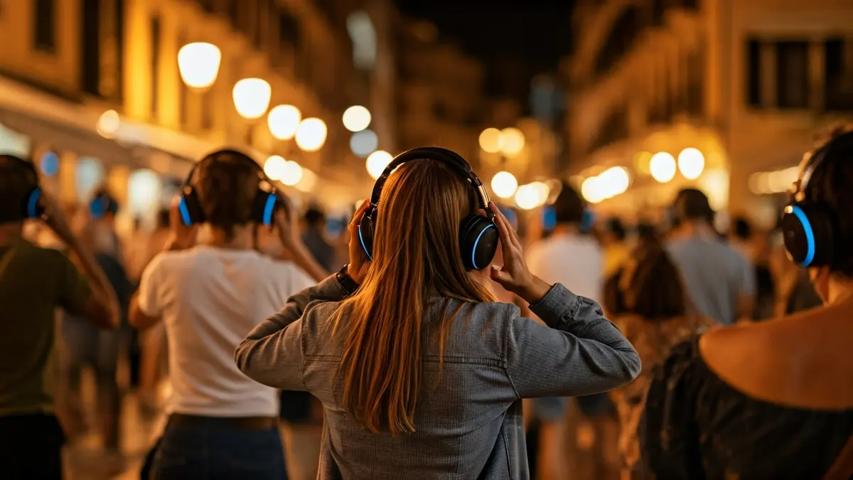 Imagen genérica de turistas bailando con auriculares en una calle.