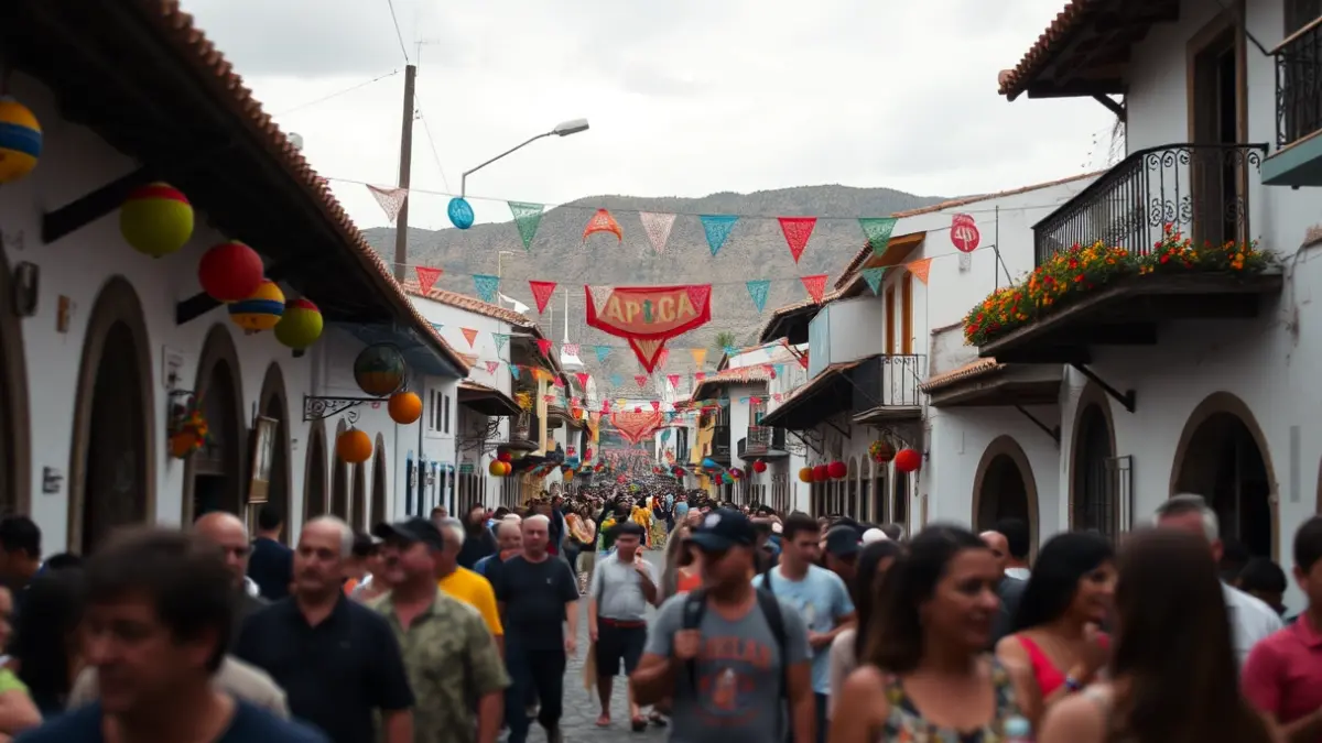 Image of a Canarian village street during a pilgrimage, with people and festive decorations.