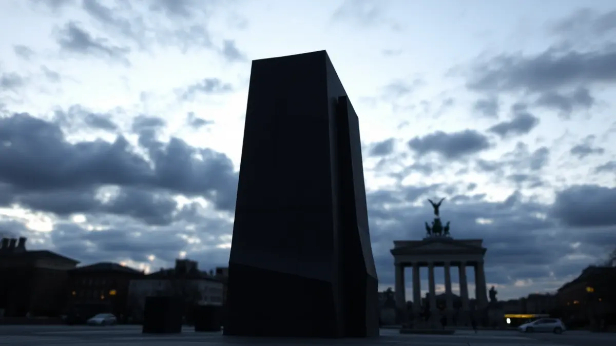 Imagen de un monumento controvertido en un espacio público al atardecer.