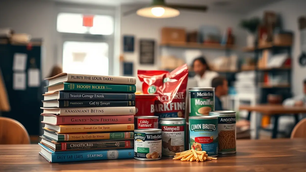 Generic image of books and non-perishable food items, symbolizing a solidarity campaign.