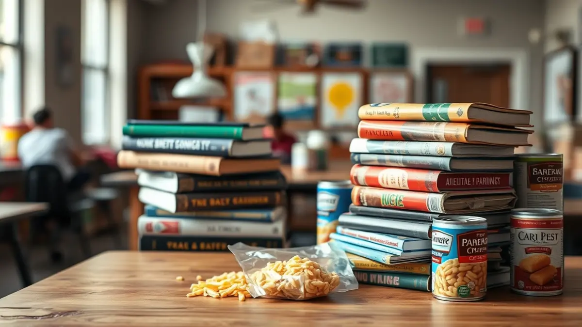 Imagen genérica de libros y alimentos no perecederos, simbolizando una recogida solidaria.