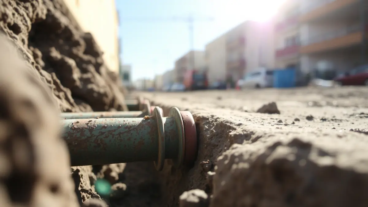 Image of old water pipes in a trench, with construction work in the background.
