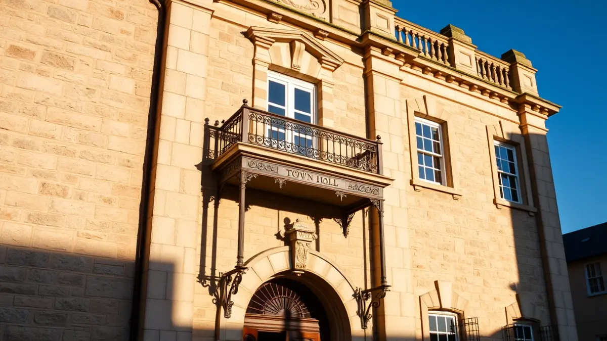Stone town hall facade with balcony and iron railings, under warm afternoon sunlight.