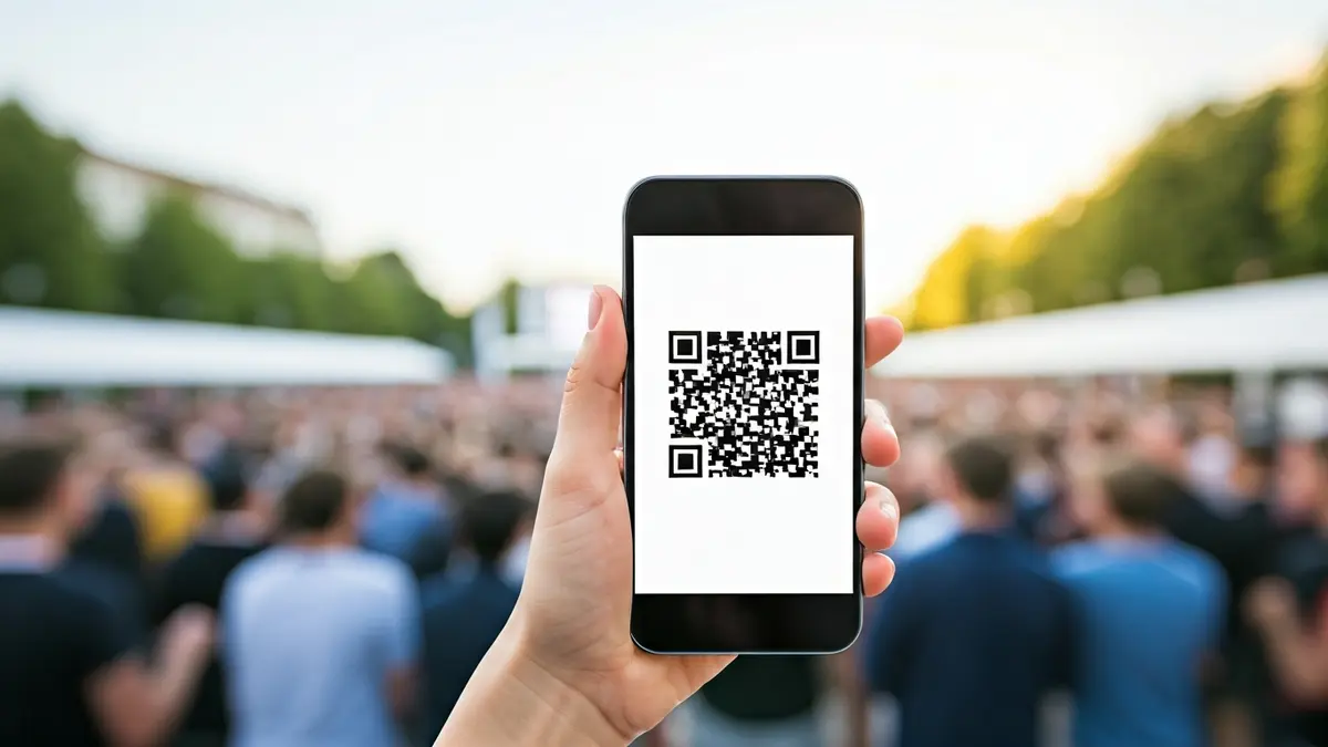 Imagen genérica de un código QR en un teléfono móvil, con una multitud borrosa de fondo.
