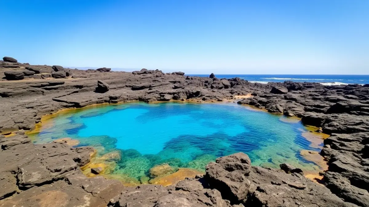 Image of a natural rock pool on the coast of Punta del Hidalgo, Tenerife, with volcanic rock formations and clear water.